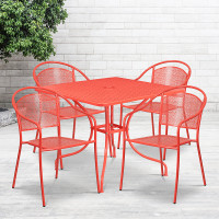 Flash Furniture CO-35SQ-03CHR4-RED-GG 35.5" Square Table Set with 4 Round Back Chairs in Coral